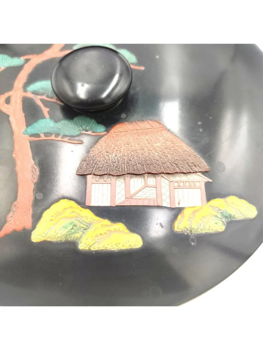 Vintage Bunco Okinawa Japanese Lacquerware Covered Bowl Black Red Scenic Lid